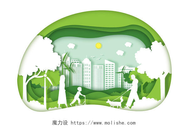 剪纸环保插画JPG城市建筑人物出行环境保护
